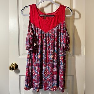 Torrid size 3 Super Soft Knit top, eyelet cold shoulder magenta blue tile